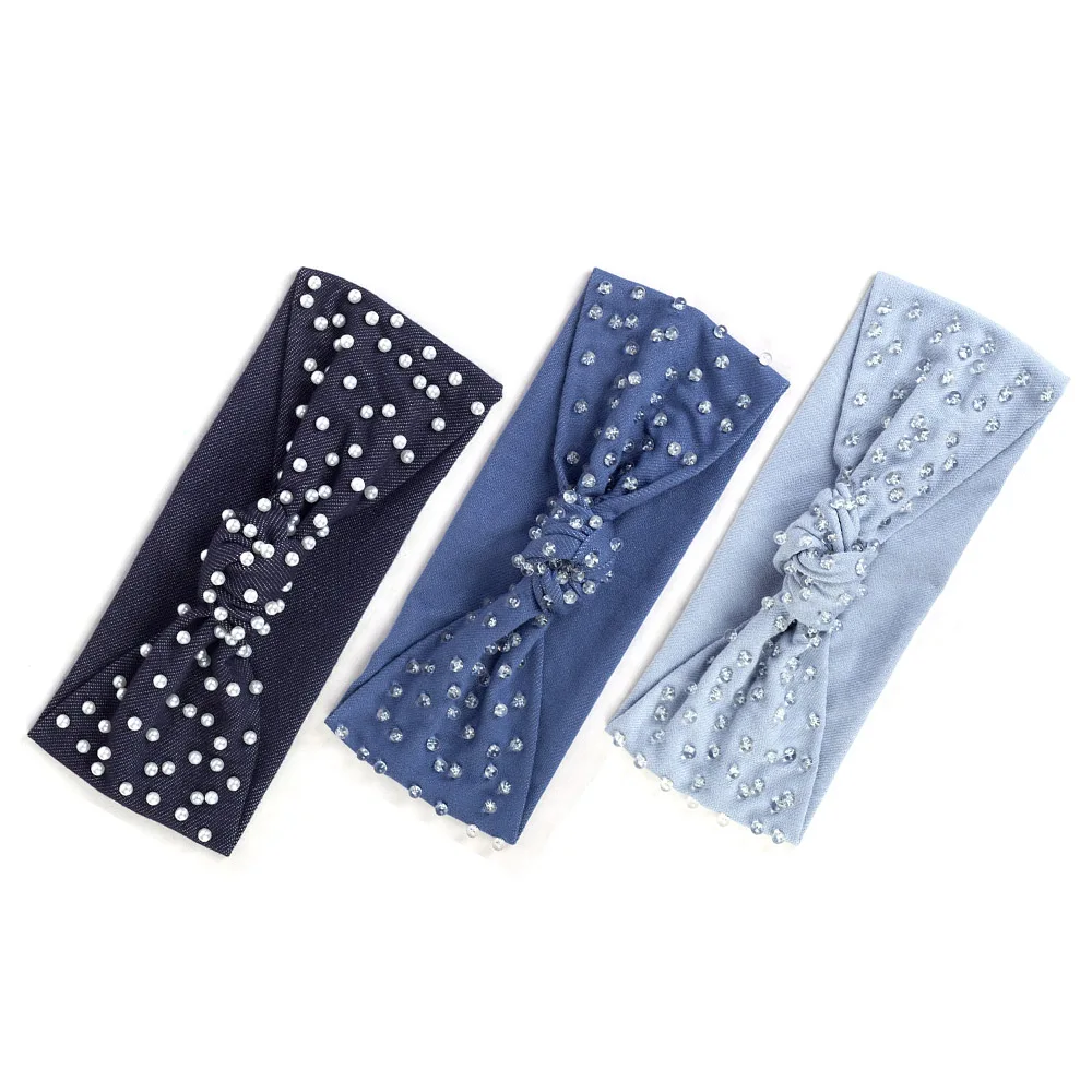 Женские аксессуары с жемчужинами джинсовые ребристые ленты для волос бантом в