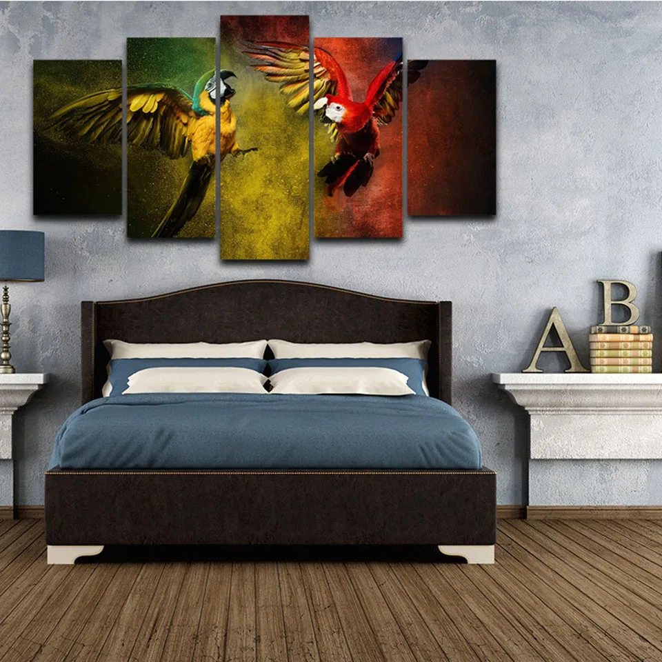 Modular Canvas Poster Frame Living Room HD Printed Pictures 5 Panels Animal Flying Parrots Modern Wall Art Home Decor Painting | Дом и сад