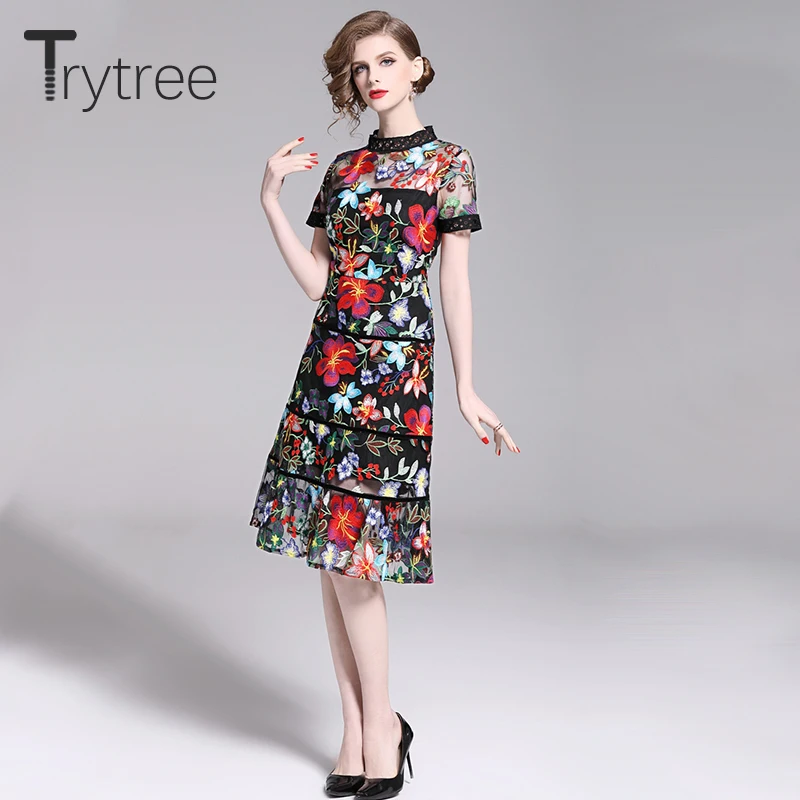 Женское платье с цветочной вышивкой Trytree повседневное ажурное из полиэстера до