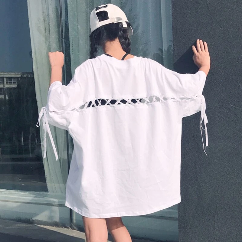 Летняя одежда футболка женская 2019 Корейская Ulzzang Bf сплошная открытая спина