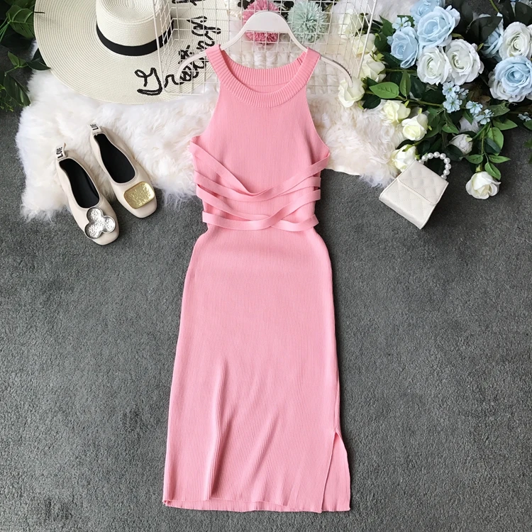 YornMona Korean Style Women Bandage Bodycon Dress Summer Split Knitted Party Dresses Elegant Halter Ladies Long Maxi Dres