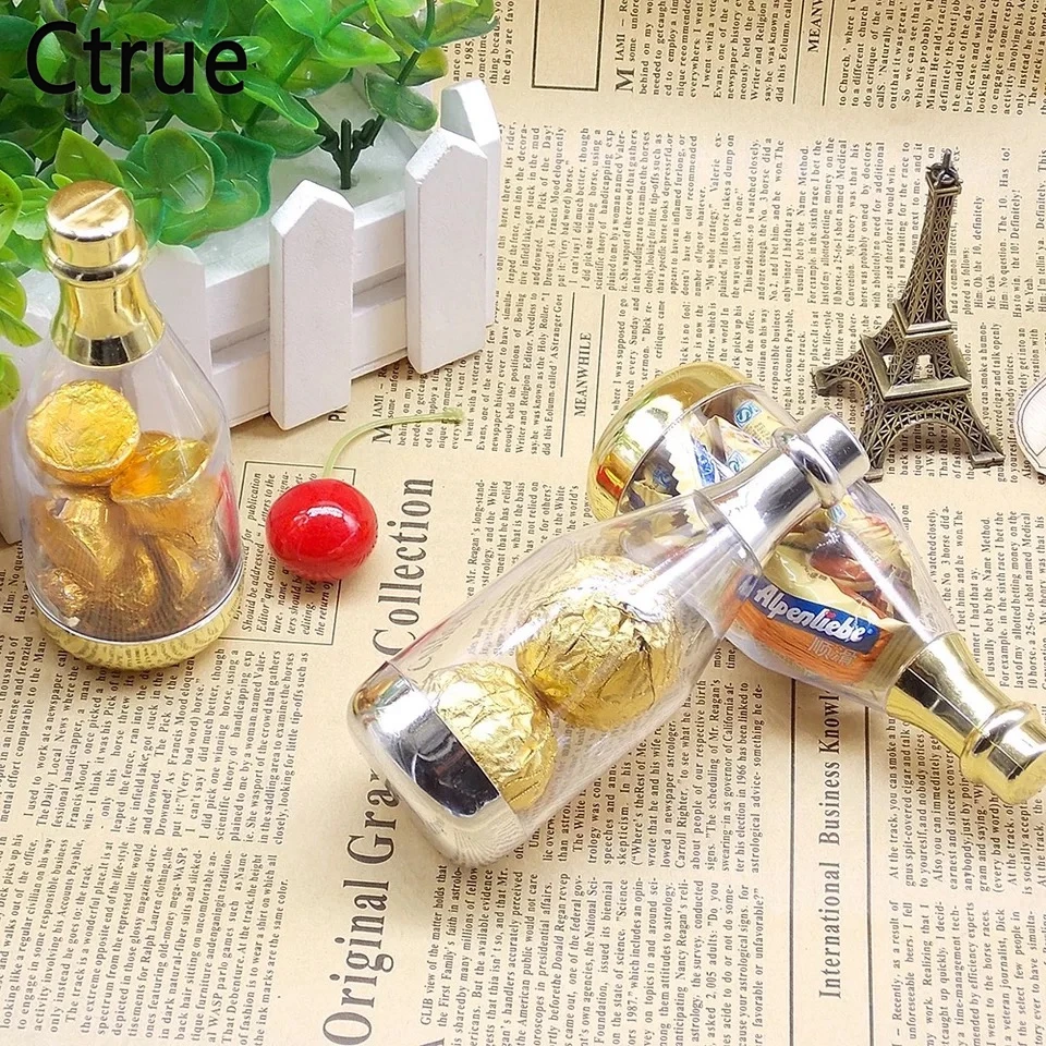 

10pcs/lot Champagne bottle Wedding Candy Box Plastic Clear gift bottle Transparent Can Open Favor Boxes Baby Shower Souvenirs