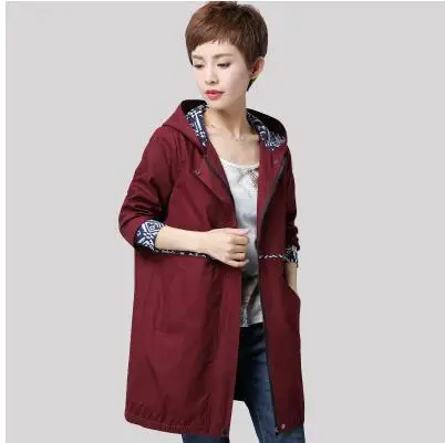 Red wine Женская ветровка, размер 5XL 6XL, свободная верхняя одежда с капюшоном для мамы среднего возраста, повседневные топы с длинными рукавами, тонкий осенний плащ - Цвет: Red wine
