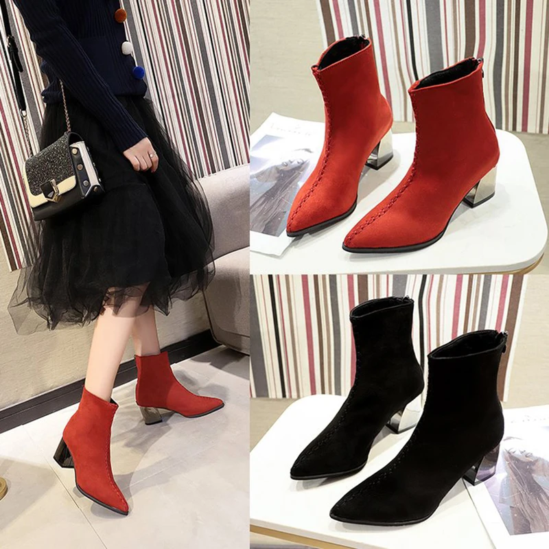 Брендовые дизайнерские с острым носком Прошитые из флока Ботинки Челси женские