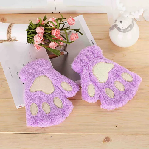 purple Перчатки на пол пальца, зимние женские теплые плюшевые перчатки, Коготь медведя, кошки, перчатки на пол пальца, перчатки без пальцев, милые перчатки аниме - Цвет: purple