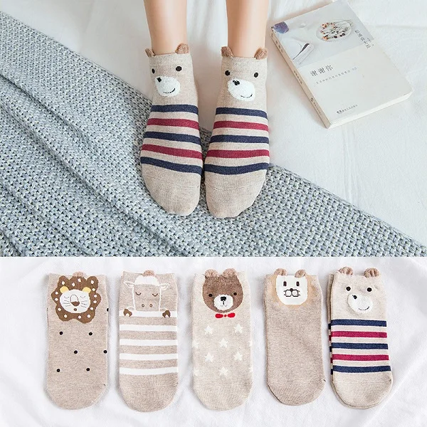 Brown lion Socks 5 пар, милые хлопковые носки с животными женские летние короткие носки с изображением единорога, кота, сердца женские повседневные Мягкие забавные носки, Размеры 35-40 - Цвет: Brown lion Socks