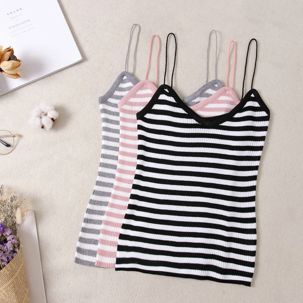 2019 Deep V-Neck Striped Camis Top Women Sexy Strappy Sleeveless Tops Knitted Vest Casual Tank Slim Fit tunique femme | Женская одежда