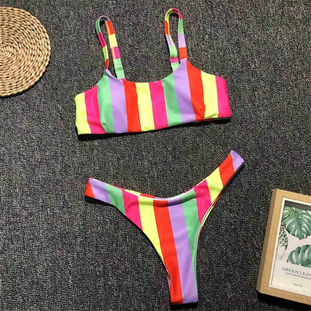 Striped Цветной полосатый женский купальник бикини женский купальник из двух частей комплект бикини с высокой талией купальный костюм V1409 - Цвет: Striped