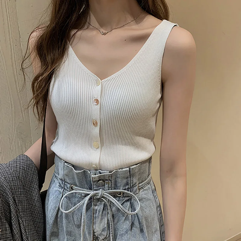 Fashion Button Knit Vest Women Top Camisole Female Solid Elastic knited Slim Sleeveless Tops Femme Summer Casual Camis New - Цвет: Белый