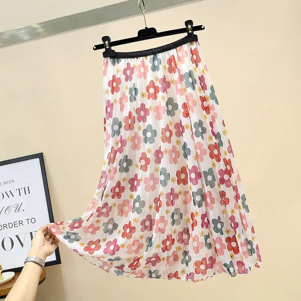 Summer Sweet Flower Print Midi Skirt Women High Waist Pleated Skirt Sunflower Holiday Chiffon Mid-Calf A-Line Skirts - Цвет: picture color