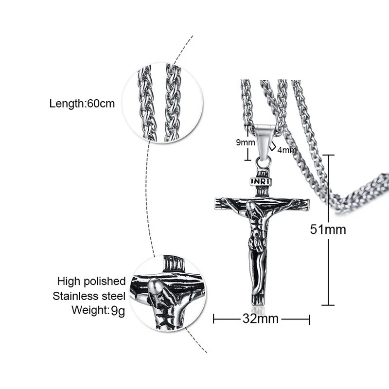 Мужские ожерелья INRI Jesus христианский крест Кулон Винтаж нержавеющая сталь с пшеничной цепочкой
