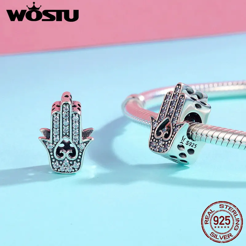 WOSTU подлинное серебро 925 пробы удача рука Фатимы амулеты подходят для женщин