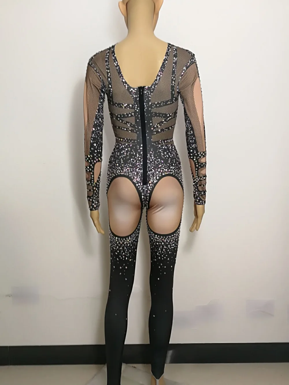

Fashion Sexy Black Nude Jumpsuit Sparkling Crystals Rompers Nightclub Bar Party performance female costume Singer dancer stage