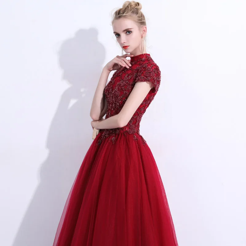 SSYFashion New Huxury Beading Long Prom Dress Elegant Wine Red High-neck Floor-length Evening Party Formal Gown Robe De Soiree | Свадьбы и