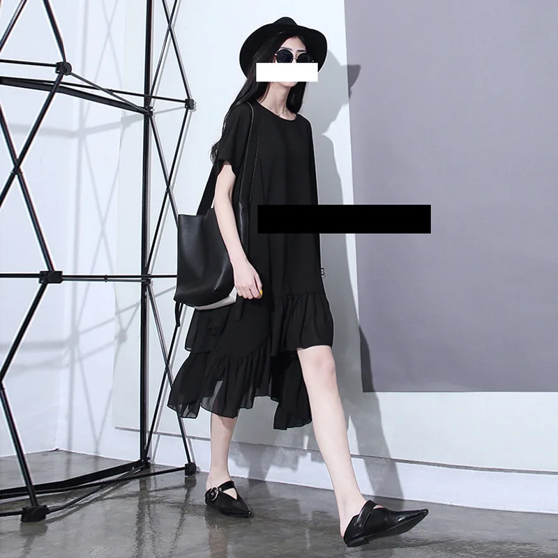 Женское шифоновое платье с оборками черное свободное плиссированное большого