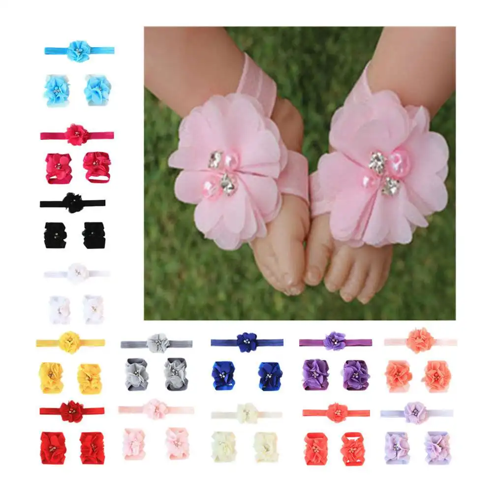 2020 New 3pcs Chiffon Flower Headband Barefoot Sandals Set Baby Kids Elastic Foot Band Solid Hair Bands for Photography