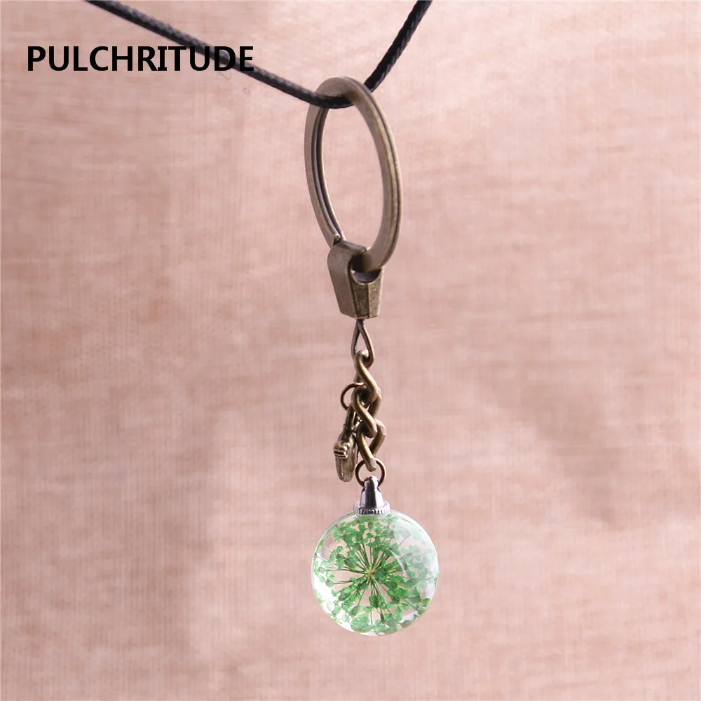 PULCHRITUDE 2 шт./партия металлический брелок хрустальный стеклянный шар кулон с высушенным цветком крылья сердце Шарм кольцо для ключей ювелирные изделия Diy C0581