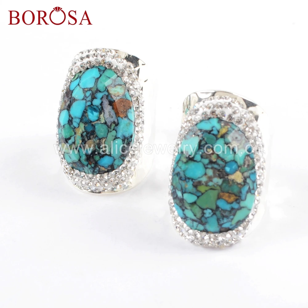 BOROSA 5 шт. золотистого и серебристого цвета натуральная Бирюза Кольцо друзы Кристалл Стразы проложить природные кольца с синим камнем ювелирные изделия JAB943