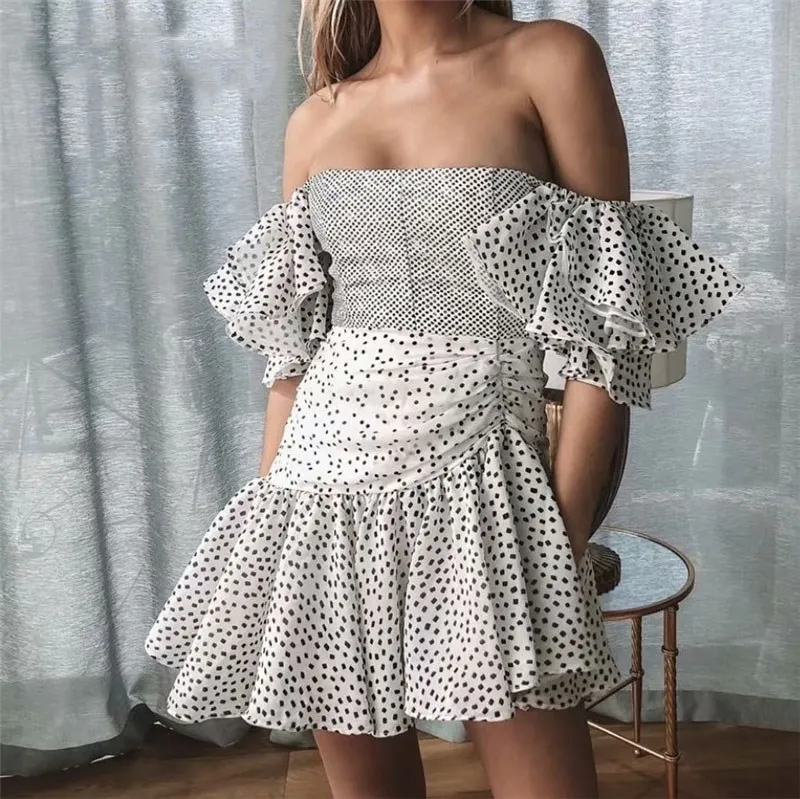 Винтажное платье с открытыми плечами и пышными рукавами Vestido в горошек лоскутное
