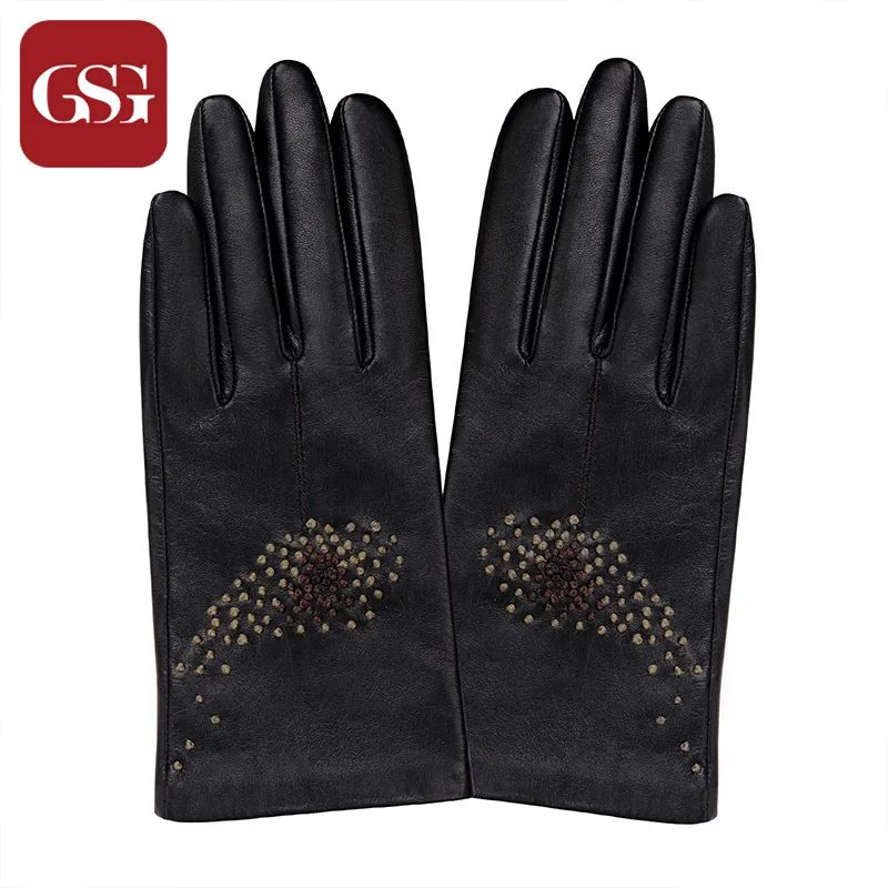 Модные женские перчатки GSG из натуральной кожи для сенсорного экрана с вышивкой