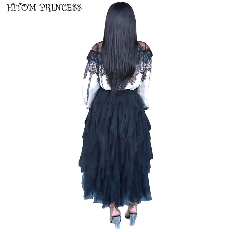HITOM PRINCESS Fashion Tutu Tulle Skirt Women Long Maxi Skirt Summer High Waist Pleated Skirts Female Jupe Saias