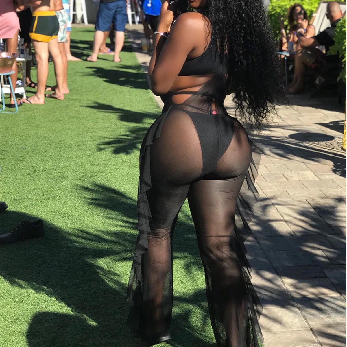Hirigin Sexy Mesh Bikini Cover Up Women One Piece Jumpsuit New Bandage Solid Beach Outwear Suit Summer Ruffles Bathing Suit