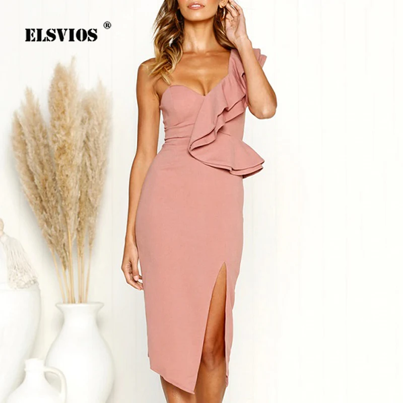 Женское платье на одно плечо ELSVIOS летнее миди с оборками и элегантное сексуальное
