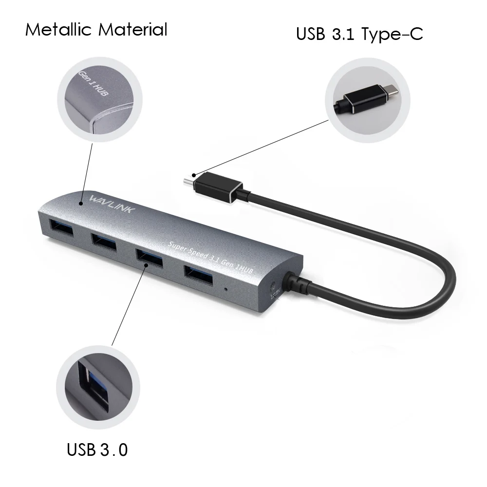 Wavlink USB 3,1 Тип C концентратор 4-Порты и разъёмы USB 3,0 Hub адаптер Алюминий тела Тип-C USB хаб для Macbook, Chromebook Pixel USB-C устройств