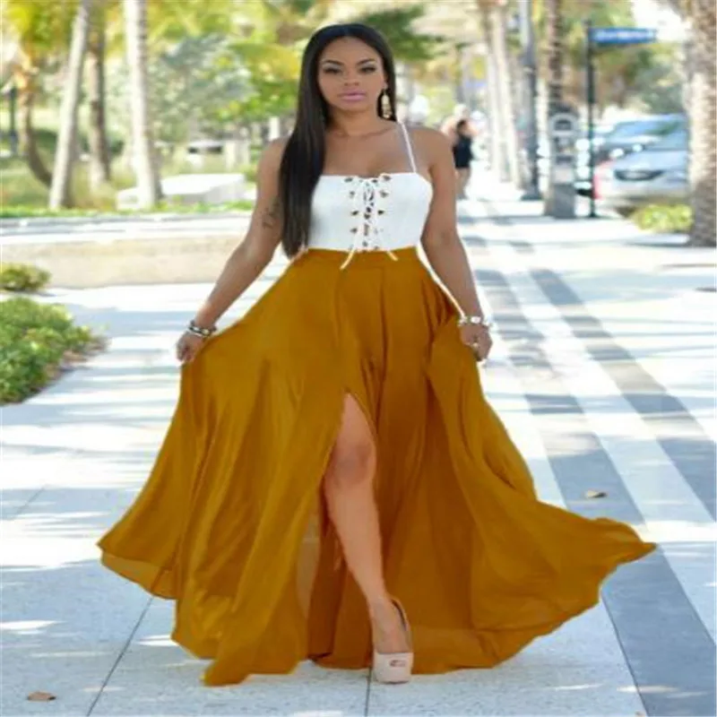 Летняя Новинка 2017 г. женские длинные платья шить Разделение ремень Платья для