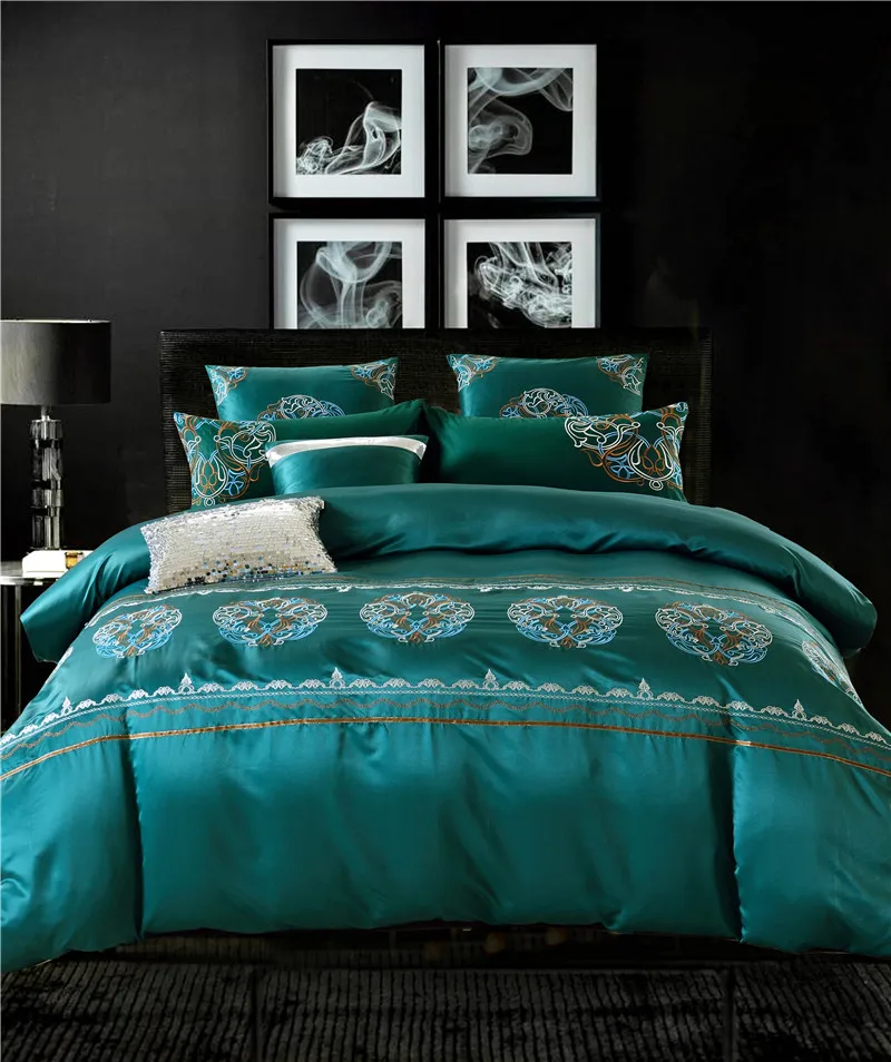 

2018 Washed silk Oriental embroidery Bedding Sets pink gray Bed Sheet Queen King size 4pcs/6pcs Duvet Cover Sets