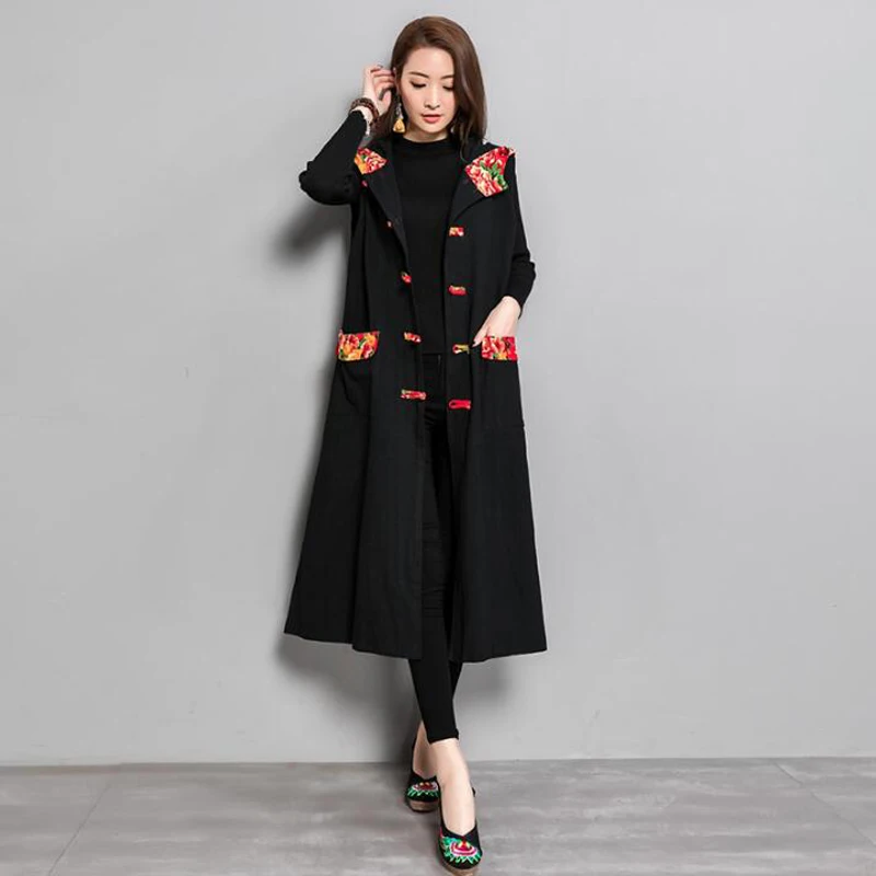 

sleeveless cardigan national wind of Hooded vest women new 2018 spring retro printing long vest female literary cotton buttons