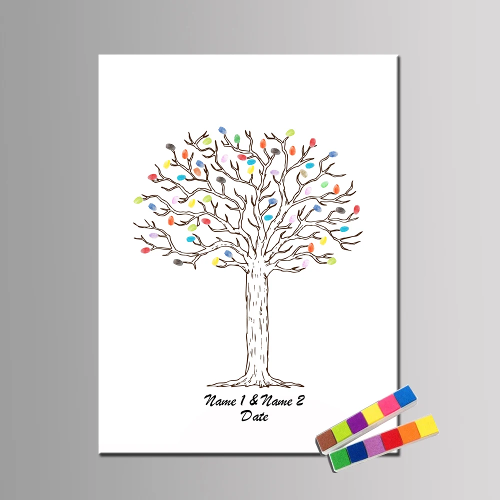 Свадебное дерево отпечаток пальца Гостевая книга ручная нарисованная свадебный