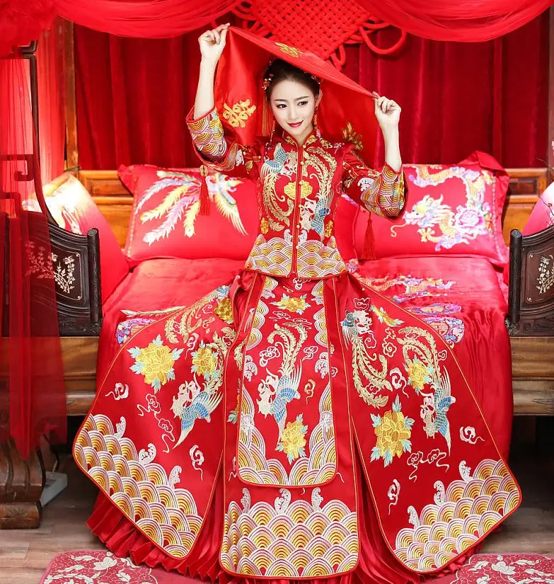 bride 3 Шикарное красное китайское свадебное платье невесты традиционный ченсам женится вечернее платье Дракон Феникс Платье вышитое платье-чанпао - Цвет: bride 3