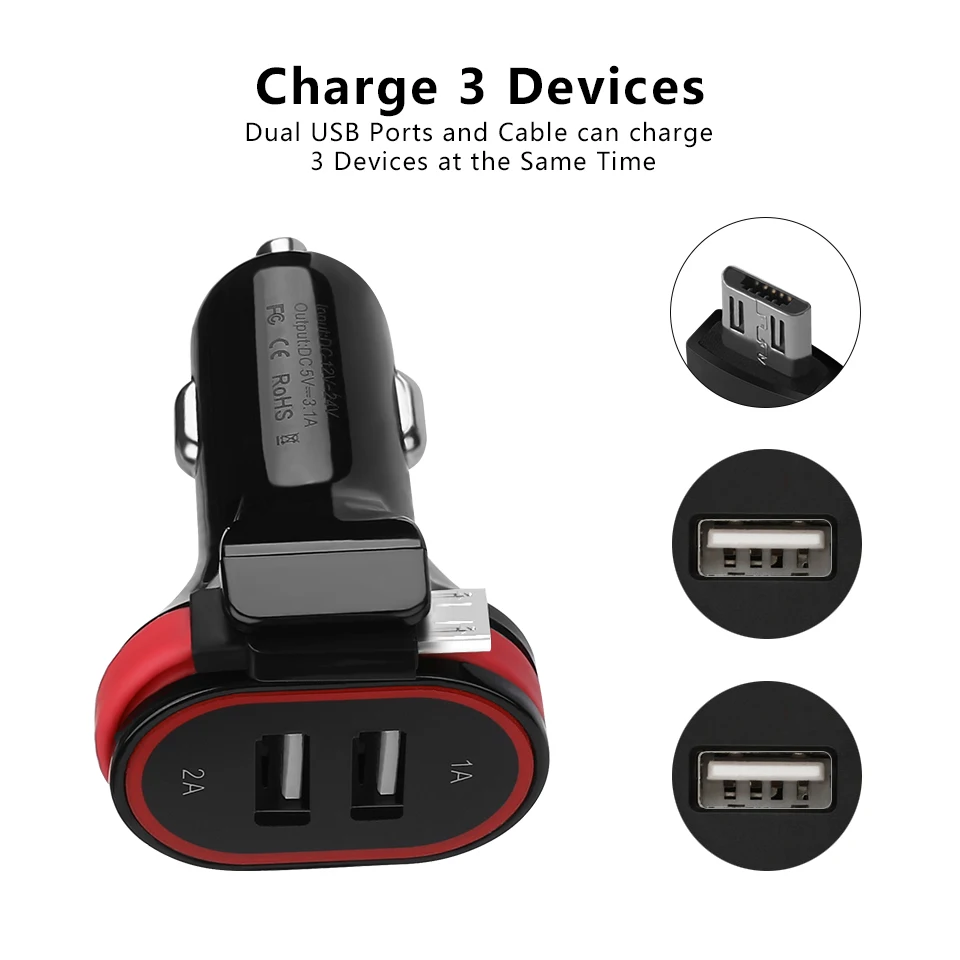 Vogek Dual USB Автомобильное Зарядное устройство с Micro кабель 3.1A быстрой зарядки