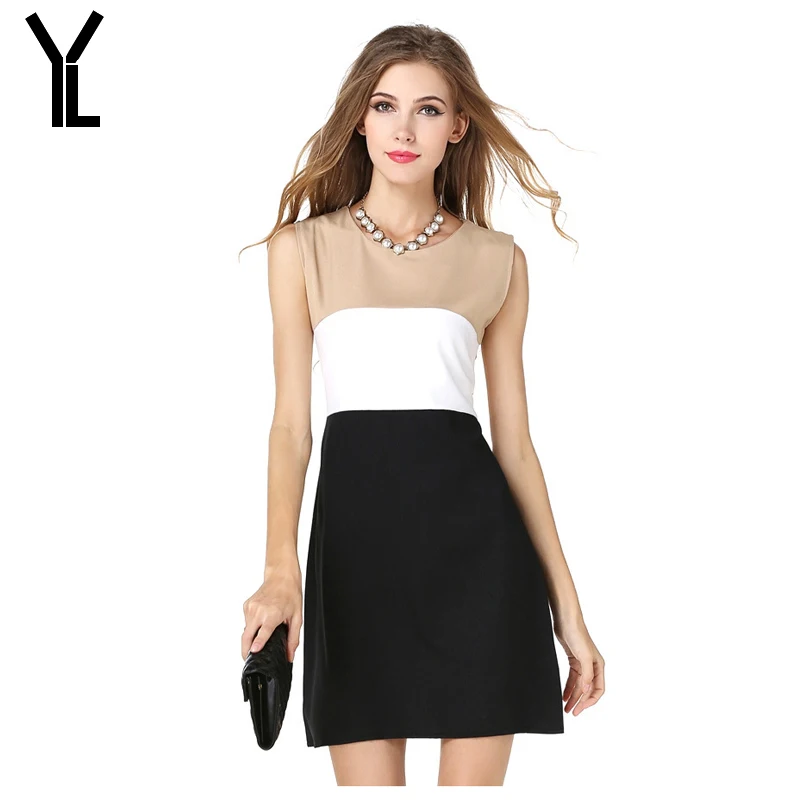 Женское платье с круглым вырезом повседневное трехцветное без рукавов мозаикой