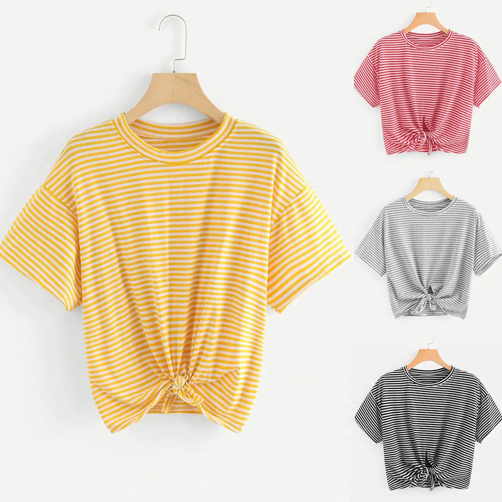 

FREE OSTRICH Women Shirts Stripe Knotting Short Sleeve Yellow Loose Casual Solid Honey O-Neck Trend Elegant Summer Blouse Shirts
