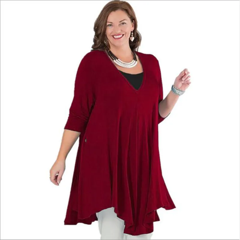 Женская Длинная блузка большого размера на осень и зиму с v-образным вырезом
