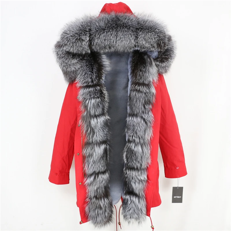 red silver E OFTBUY,, настоящая лисица, пальто, зимняя куртка, Женская длинная парка, натуральный Лисий мех, отделка, капюшон, брендовая парка, толстая, теплая, уличная одежда, съемная - Цвет: red silver E