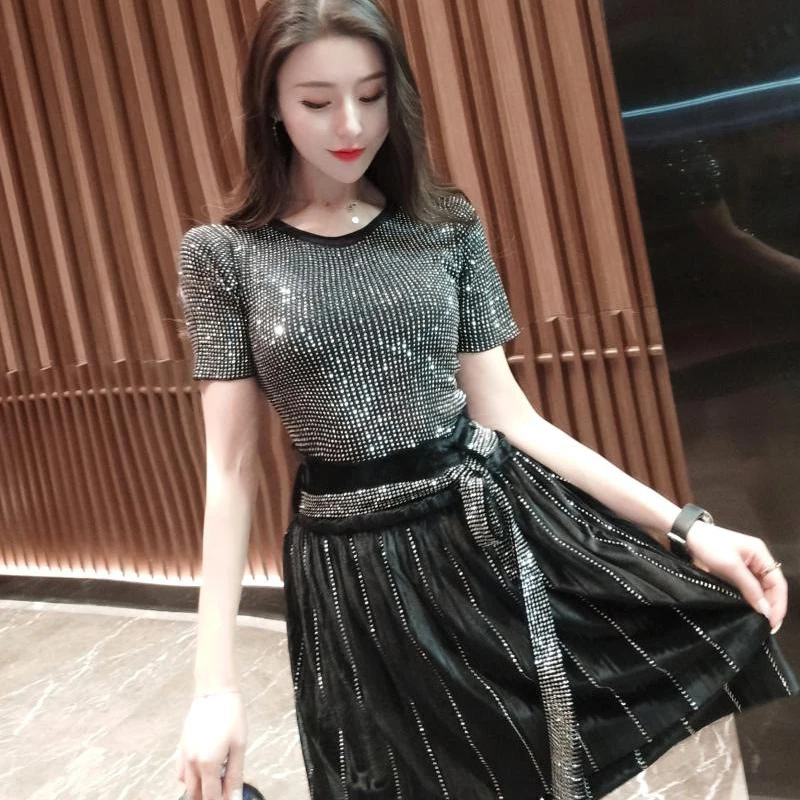 2021 Летняя мода уличная Bling Стразы женские футболки стильная футболка Топы B