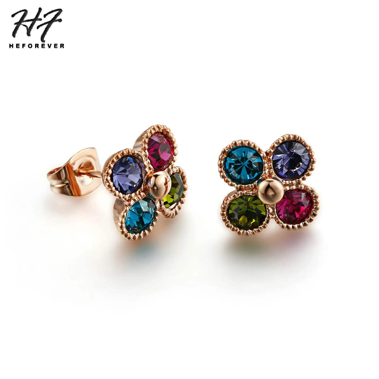 Женские серьги-гвоздики с цветком 4 цвета розовое белое золотое кристаллами AAA + CZ