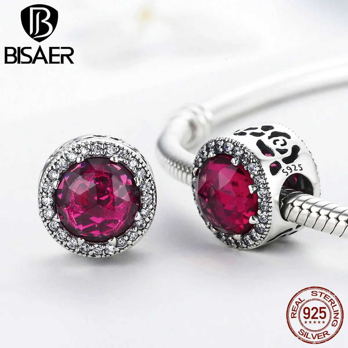 BISAER подлинные 925 пробы серебряные Красные лучистые сердца, Cerise Кристальные и прозрачные CZ бусины и талисманы подходят Pan браслеты HTC113