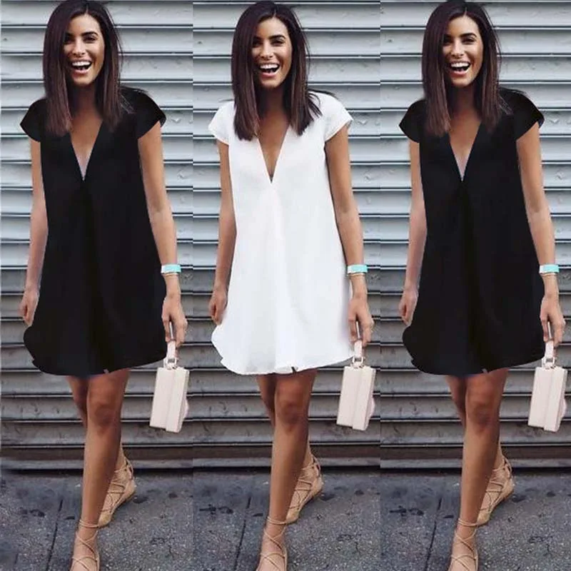Women Ladies Short Sleeve Loose Mini Dress Summer Shirt Dress Holiday Beach