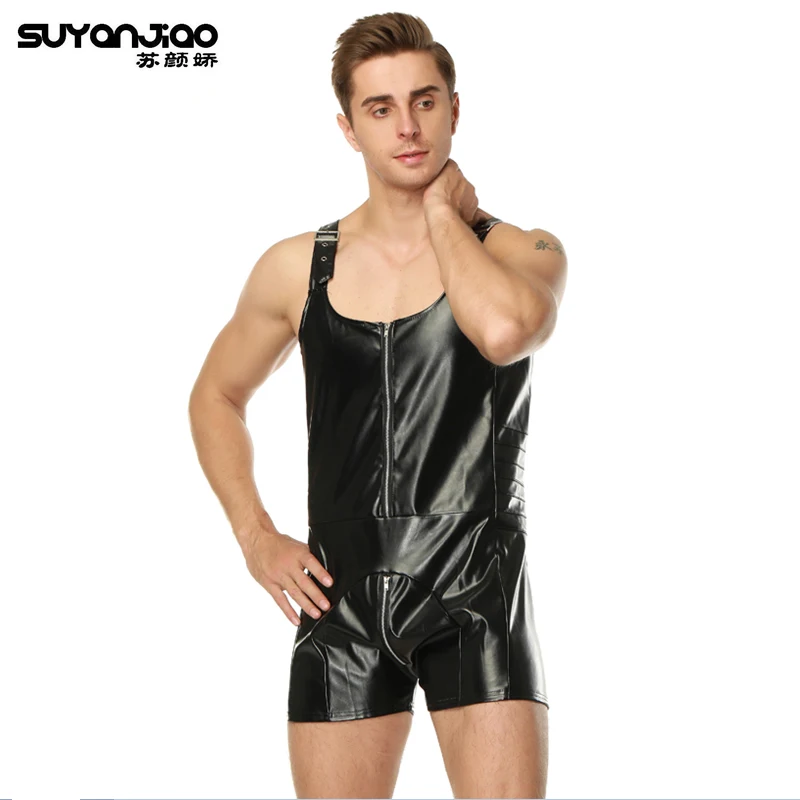 Черный костюм из искусственной кожи латексный для мужчин короткий рукав Wetlook