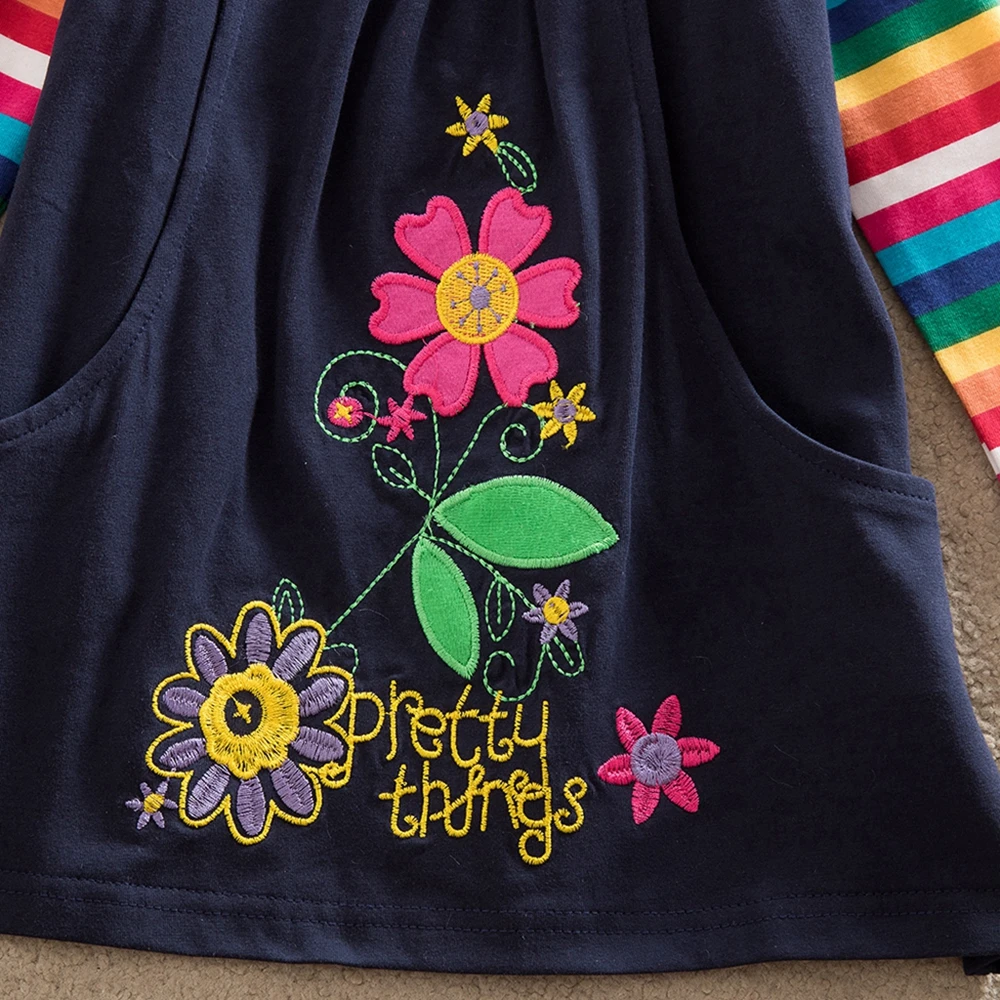 JUXINSU Cotton Girls Flower Embroidery Long Sleeve Dresses Rainbow Autumn Winter Casual Dress Clothing for Girl 1-8 Years | Детская