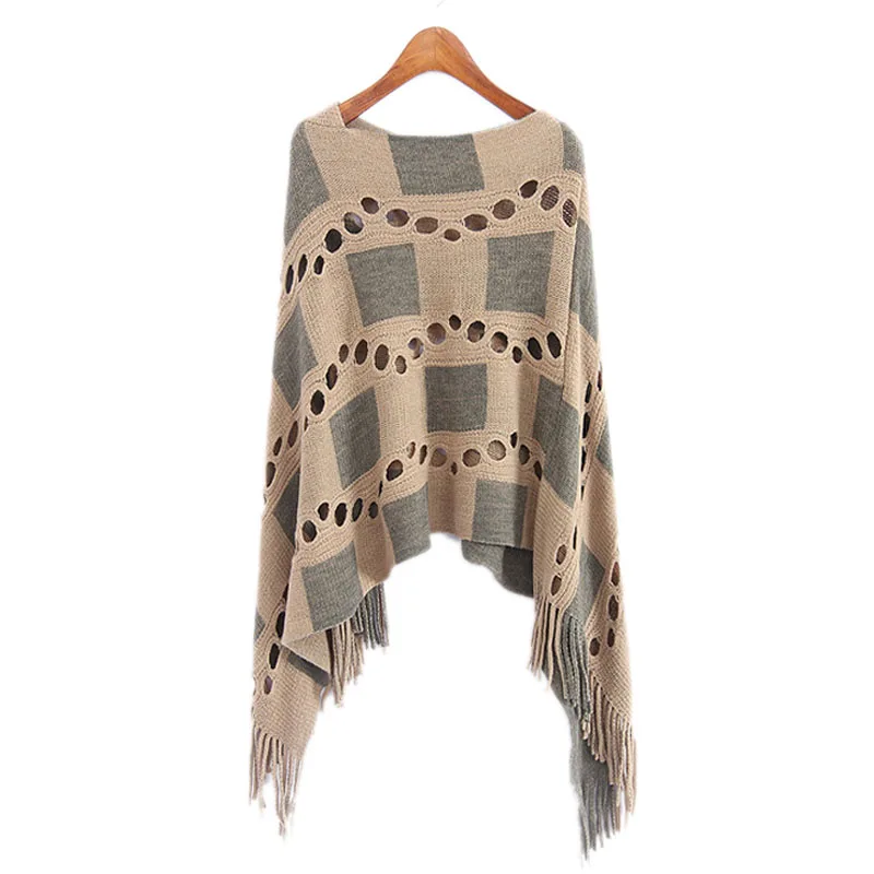 Женский Осенний Асимметричный свитер в клетку с V образным вырезом и рукавом