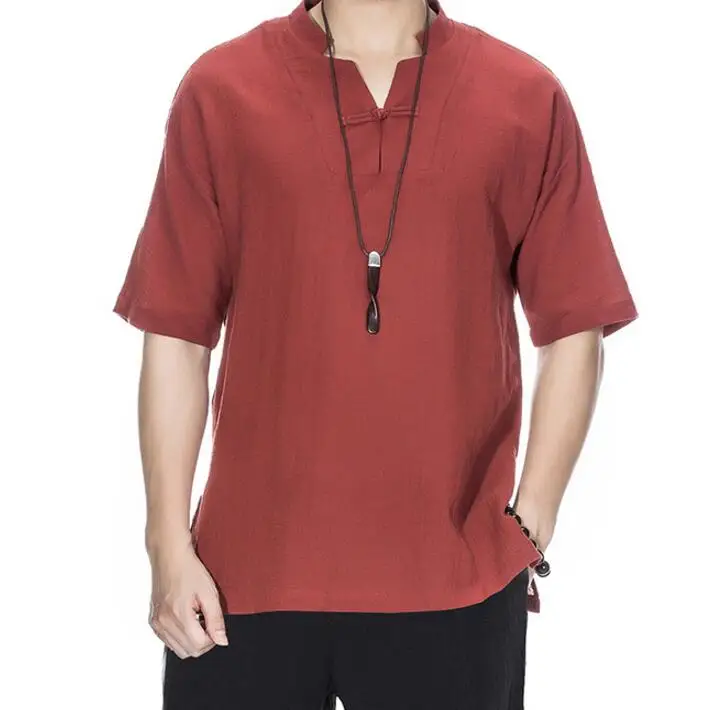 

S-3XL / HOT / Summer Men's New Fashion Cotton t-shirt v collar loose thin shirt vintage linen short sleeve