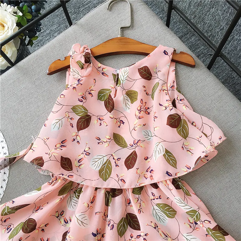 Girls Dresses 2018 Summer New Children's Clothing Fashion Sweet Double-Layer Printed Chiffon Vest Dress + Hat | Детская одежда и