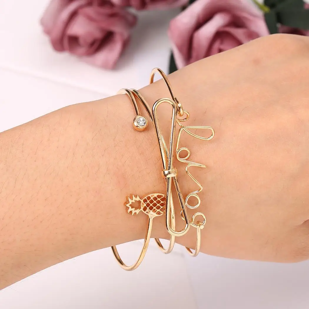 Golden Set Stackable Hasp Silver Open Letter Pattern Heart Adjustable Feather Cuff Women Party Bracelet Casual | Украшения и