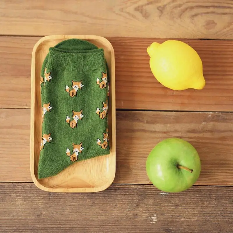 

New Fashion Cotton Fox Cartoon Socks Cotton Material Kawaii Ms. Couple Leisure Retro Harajuku Fun Green Socks