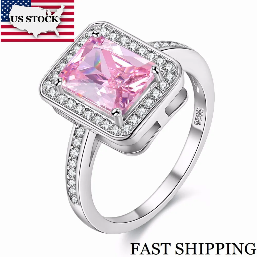 

US STOCK 15% off Pink Square Ring with Stones Wedding Rings for Women Silver Color Cubic Zirconia Jewellery Y3250